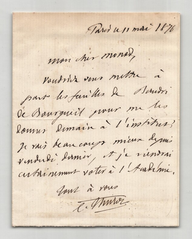 Charles Thurot - Lettre autographe sign&eacute;e &agrave; Gabriel Monod - 1876. Charles THUROT