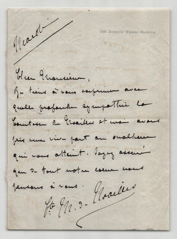 Mathieu de Noailles &eacute;poux d'Anna de Noailles Po&egrave;tesse, Lettre autographe sign&eacute;e. Mathieu de Noailles