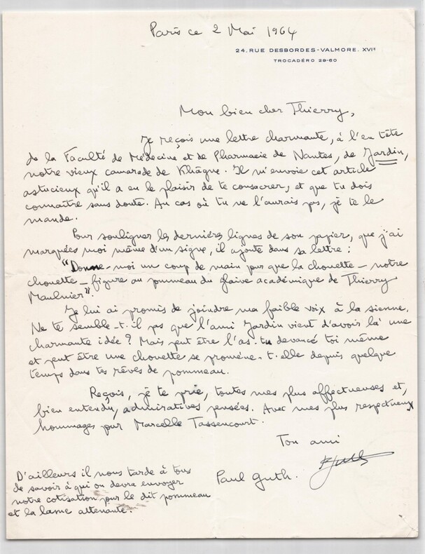 Paul Guth - Lettre autographe sign&eacute;e &agrave; Thierry Maulnier – 2 mai 1964. Paul GUTH