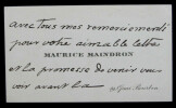 Maurice MAINDRON - CARTE DE VISITE AUTOGRAPHE SIGNEE, 1910. Maurice MAINDRON