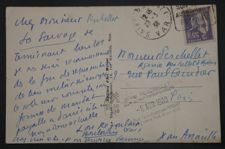 Jean ANOUILH - CARTE POSTALE AUTOGRAPHE SIGN&Eacute;E A Mr PERCHELLET 1938 LA SAUVAGE. Jean ANOUILH