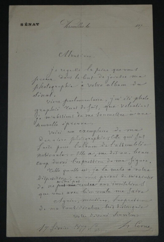 Hyacinthe CORNE, Homme politique - LETTRE AUTOGRAPHE SIGN&Eacute;E, Versailles, 1877. Hyacinthe CORNE