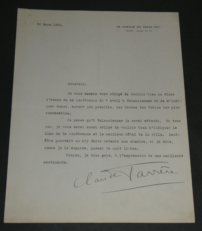 Claude FARR&Egrave;RE Lettre tapuscrit autographe sign&eacute;e de 1923 1 page. Claude FARR&Egrave;RE