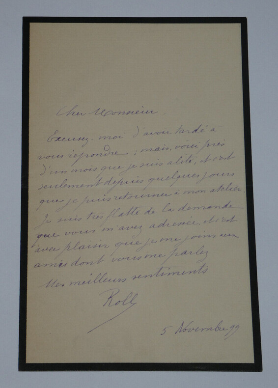 Alfred ROLL - LETTRE AUTOGRAPHE SIGN&Eacute;E, 1899. Alfred ROLL