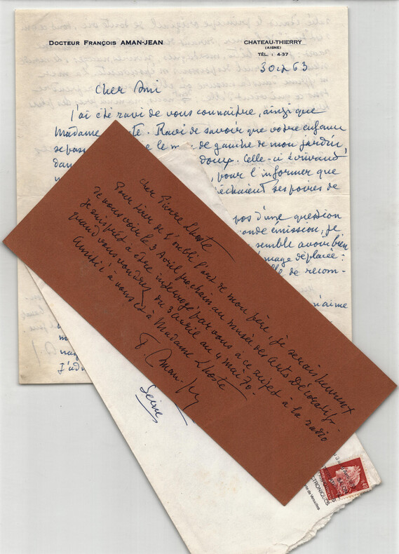 Fran&ccedil;ois Aman-Jean - Lot de 2 lettres autographes sign&eacute;es &agrave; Pierre Lhoste - 1963. Fran&ccedil;ois AMAN-JEAN