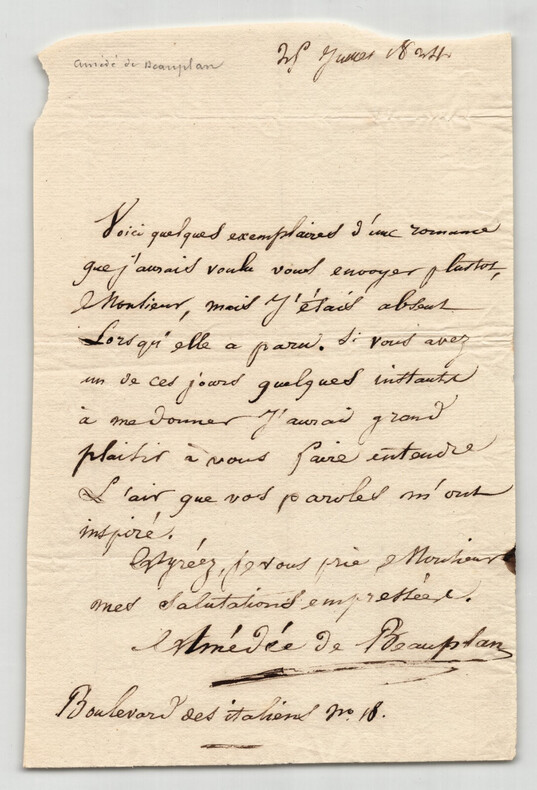 Am&eacute;d&eacute;e de Beauplan - Lettre autographe sign&eacute;e - 1834. Am&eacute;d&eacute;e de Beauplan
