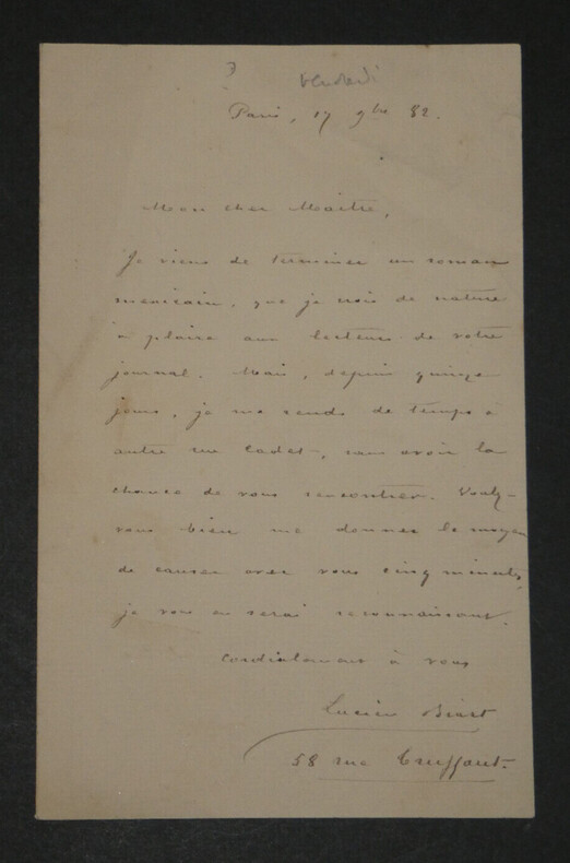 Lucien Biart - Lettre autographe sign&eacute;e - Paris - 1882. Lucien BIART