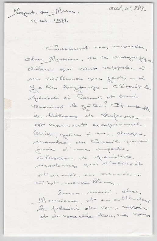 Albert P. de Mirimonde, Lettre autographe sign&eacute;e de f&eacute;licitations, 2 Pages 1971. Albert P. de MIRIMONDE