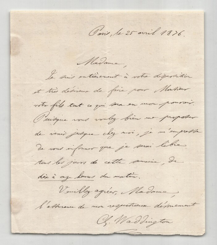 Charles-Pendrell Waddington - Lettre autographe sign&eacute;e - Paris, 1876. Charles-Pendrell WADDINGTON