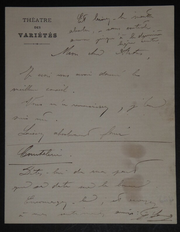 SAMUEL Fernand - LETTRE AUTOGRAPHE SIGN&Eacute;E &Agrave; Louis ARTUS, TH&Eacute;&Acirc;TRE DES VARI&Eacute;T&Eacute;S. Fernand SAMUEL