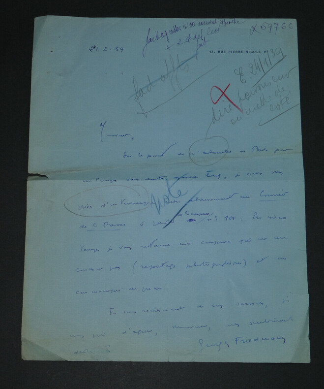 Georges FRIEDMANN - LETTRE AUTOGRAPHE SIGN&Eacute;E AU COURRIER DE LA PRESSE, 1939. Georges FRIEDMANN