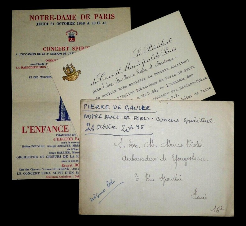 DE GAULLE Pierre - CARTON D'INVITATION CONCERT SPIRITUEL &Agrave; M. ET Mme RISTIC 1948. Pierre DE GAULLE