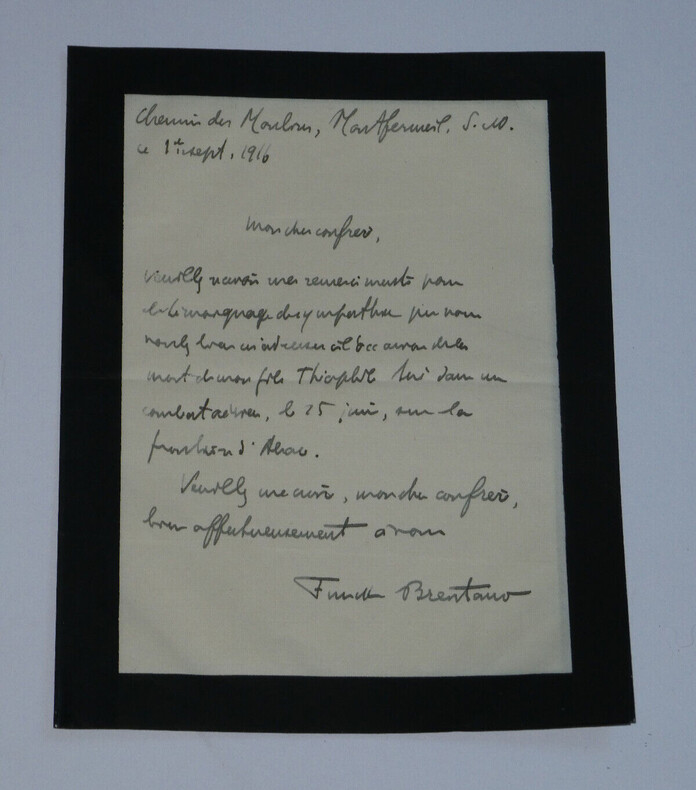 Frantz FUNCK BRENTANO - LETTRE AUTOGRAPHE SIGN&Eacute;E "Mort de mon fils" GUERRE 14/18. Frantz FUNCK-BRENTANO