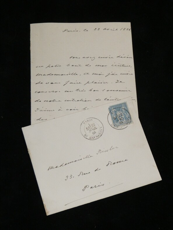 Guizot de WITT – Lettre &agrave; une jeune amatrice de peinture, avec enveloppe 1884. Conrad GUIZOT DE WITT