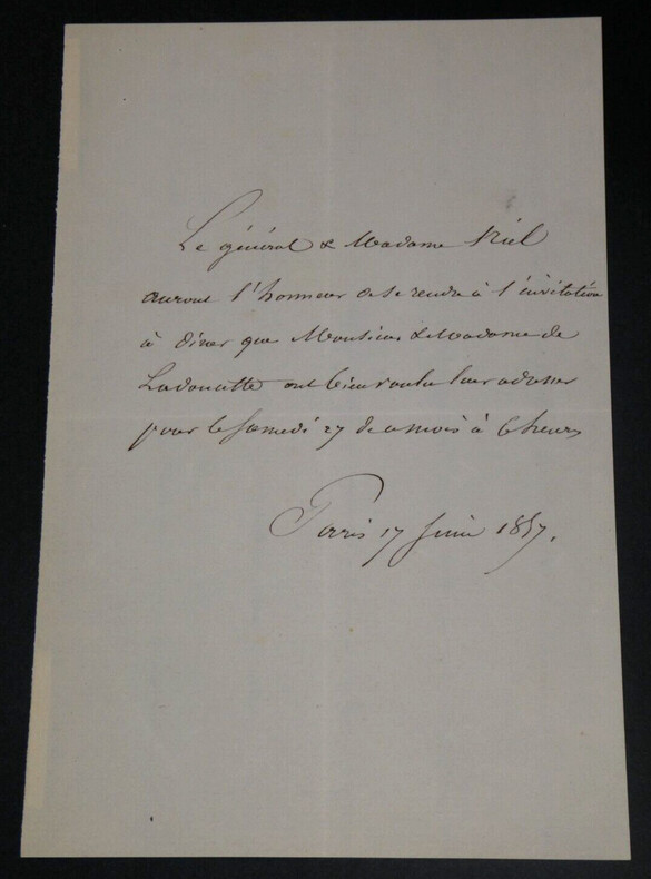 Adolphe NIEL, Ministre de la Guerre - LETTRE AUTOGRAPHE INVITATION 1857 PARIS. Adolphe NIEL