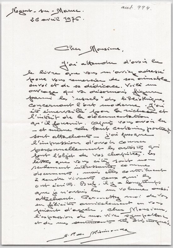 Albert P. de Mirimonde, Lettre autographe sign&eacute;e remerciement livre 1976. Albert P. de Mirimonde