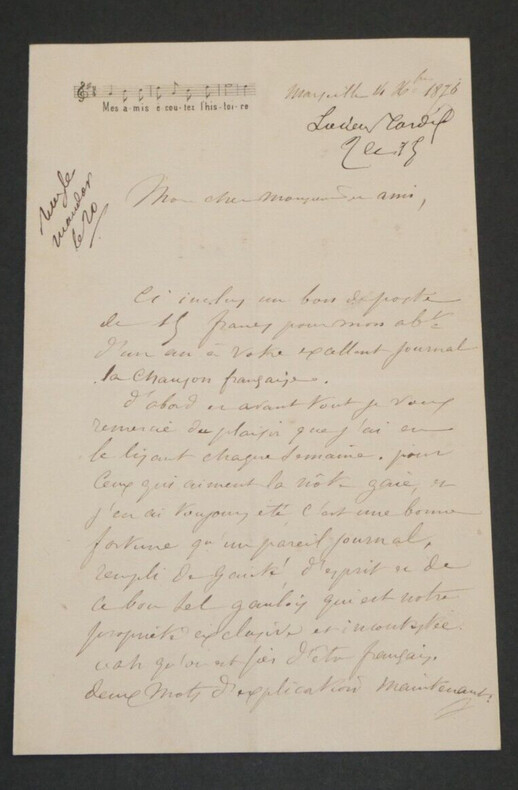 Adolphe-Fran&ccedil;ois-Lucien TARDIF - LETTRE AUTOGRAPHE SIGN&Eacute;E, 1876, Marseille. Adolphe-Fran&ccedil;ois-Lucien TARDIF