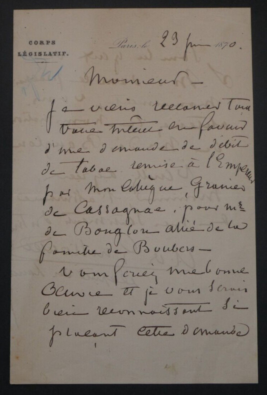 Adh&eacute;mar DE GUILLOUTET,  Homme politique - LETTRE AUTOGRAPHE SIGN&Eacute;E 1870 PARIS. Adh&eacute;mar DE GUILLOUTET