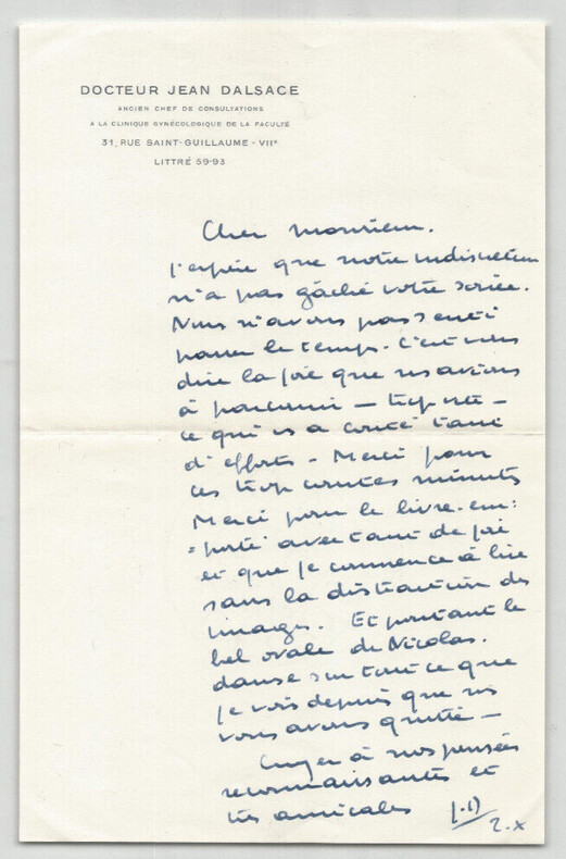 Dr Jean Dalsace - Lettre autographe sign&eacute;e &agrave; Pierre Lecuire "F&eacute;licitations". Jean DALSACE