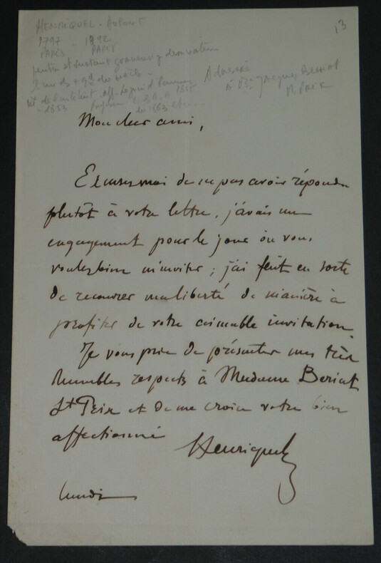 Henriquel DUPONT- LETTRE AUTOGRAPHE SIGN&Eacute;E &Agrave; Jacques BERRIAT ST PRIX. Louis-Pierre HENRIQUEL-DUPONT