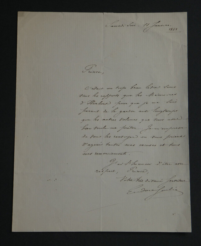 Endore SOULI&Eacute; - LETTRE AUTOGRAPHE SIGN&Eacute;E AU PRINCE, 1868. Eudore SOULI&Eacute;