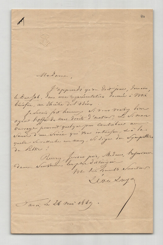 L&eacute;on Laya - Lettre autographe sign&eacute;e - Le Duc Job - 1860. L&eacute;on LAYA