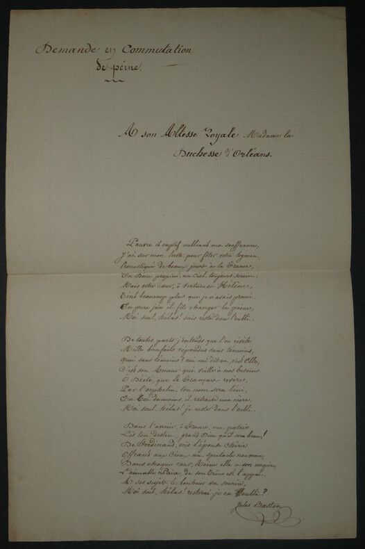 Jules BASTON Po&egrave;me Autographe sign&eacute; &agrave; la Duchesse d'Orl&eacute;ans commutation de peine. Jules BASTON