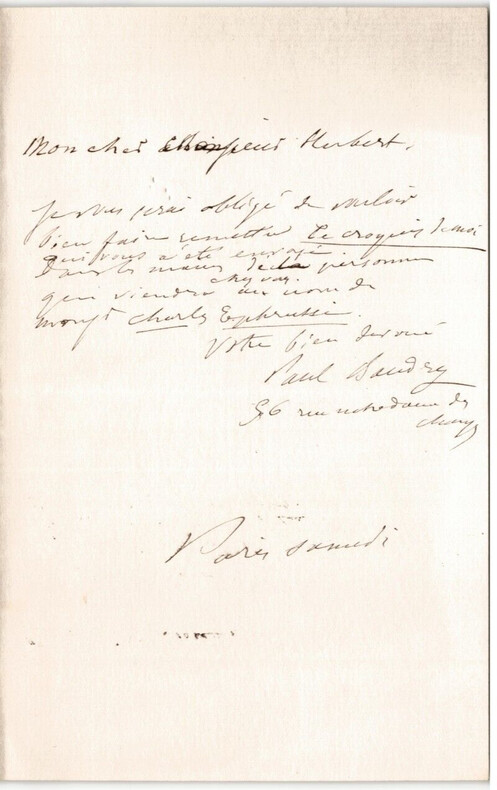 Paul BAUDRY Lettre autographe sign&eacute;e envoy&eacute;e &agrave; un Monsieur Hubert sur un croquis. Paul BAUDRY