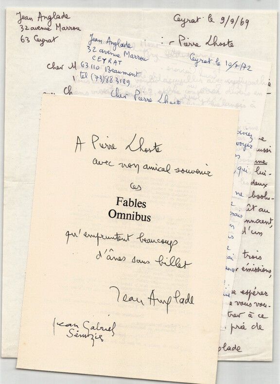 Jean Anglade 2 L.A.S + envoi A.S page de titre FABLES OMNIBUS J.G. Seruzier. Jean ANGLADE