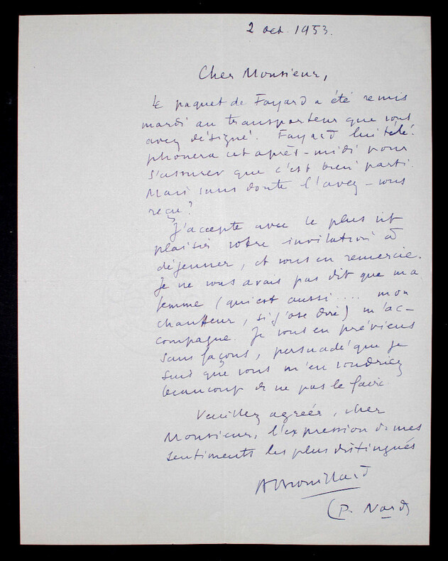 Pierre NORD, Militaire - LETTRE AUTOGRAPHE SIGN&Eacute;E, 1953. Pierre NORD