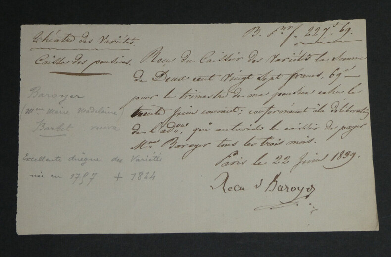 Marie-Madeleine BAROYER - Re&ccedil;u de pension Th&eacute;&acirc;tre des Vari&eacute;t&eacute;s autographe sign&eacute;. Marie-Madeleine BAROYER