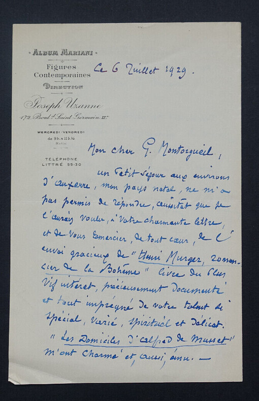 Joseph UZANNE - LETTRE AUTOGRAPHE SIGN&Eacute;E A Georges MONTORGUEIL, 1929. Joseph UZANNE