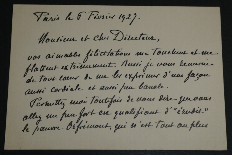 Ren&eacute;-Xavier PRINET - CARTE-LETTRE AUTOGRAPHE SIGN&Eacute;E AU DIRECTEUR, Paris, 1927. Ren&eacute;-Xavier PRINET
