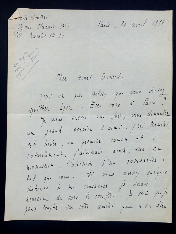 Florise LONDRES - LETTRE AUTOGRAPHE SIGN&Eacute;E, &Agrave; Henri BEREAUD, AVRIL 1939. Florise LONDRES
