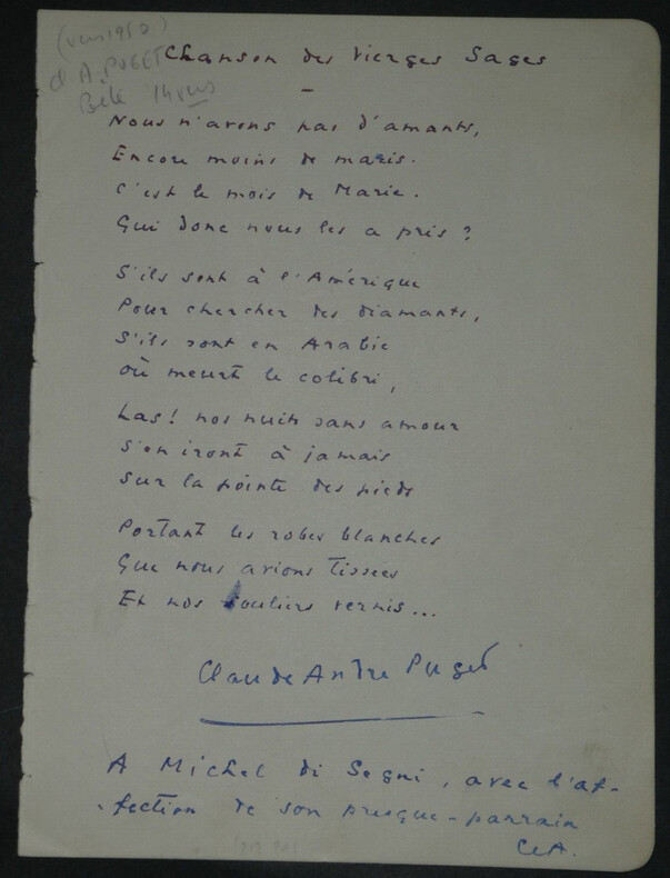 Claude Andr&eacute; PUGET - LETTRE AUTOGRAPHE SIGN&Eacute;E, chanson des vierges sages. Claude Andr&eacute; PUGET