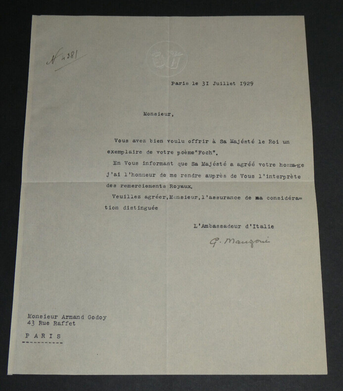 Gaetano Manzoni - Lettre dactylographi&eacute;e sign&eacute;e &agrave; Armand Godoy - Foch - 1929. Gaetano MANZONI