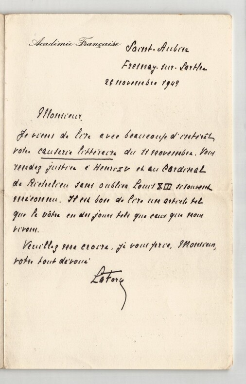 Auguste Nompar de Caumont - Lettre autographe sign&eacute;e du &agrave; Thierry Maulnier 1949. Auguste Nompar de Caumont