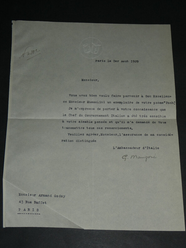 Gaetano Manzoni - Lettre dactylographi&eacute;e sign&eacute;e &agrave; Armand Godoy - Foch - 1929. Gaetano MANZONI