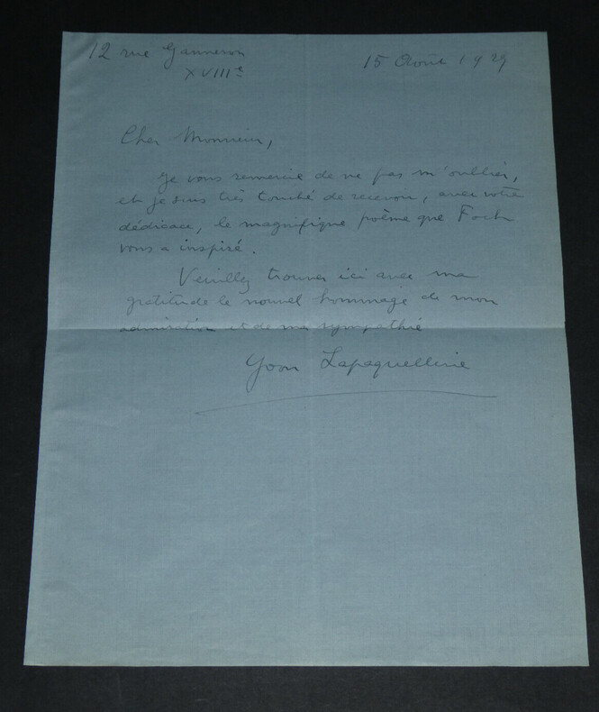 Yvon Lapaquellerie - Rare lettre autographe sign&eacute;e &agrave; Armand Godoy - Foch - 1929. Yvon LAPAQUELLERIE