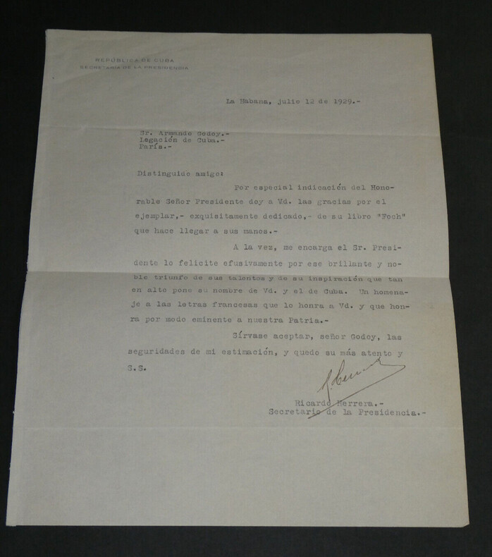 Ricardo Herrera - Lettre dactylographi&eacute;e sign&eacute;e &agrave; Armand Godoy - Foch - 1929. Ricardo HERRERA