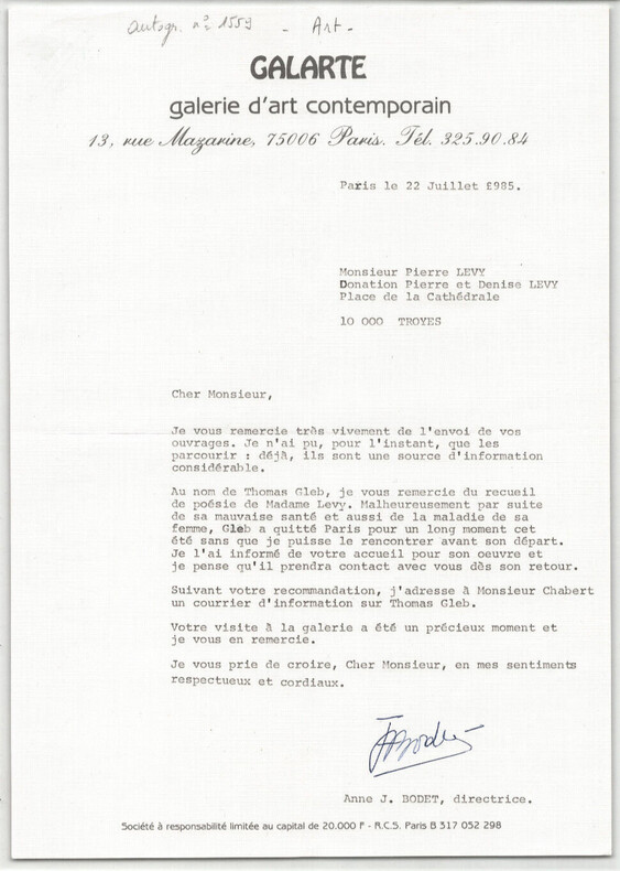 Anne J. Bodet - Lettre dactylographi&eacute;e sign&eacute;e &agrave; Pierre L&eacute;vy - Galart&eacute; - 1985. Anne J. BODET