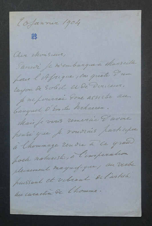 BAUER Henry - LETTRE AUTOGRAPHE SIGN&Eacute;E, 20 janvier 1904. Henry BAUER