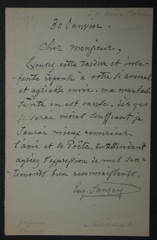 Eug&egrave;ne SAUZAY - Lettre Autographe Sign&eacute;e "mauvaise sant&eacute;". Eug&egrave;ne SAUZAY