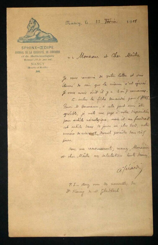 Andr&eacute; G&Eacute;RARDIN, Math&eacute;maticien - LETTRE AUTOGRAPHE SIGN&Eacute;E, 1908. Andr&eacute; G&Eacute;RARDIN