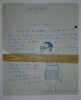 SENNEP Jean DESSIN ORIGINAL SUR LETTRE AUTOGRAPHE SIGNEE, AUTOPORTRAIT, PARIS. Jean SENNEP
