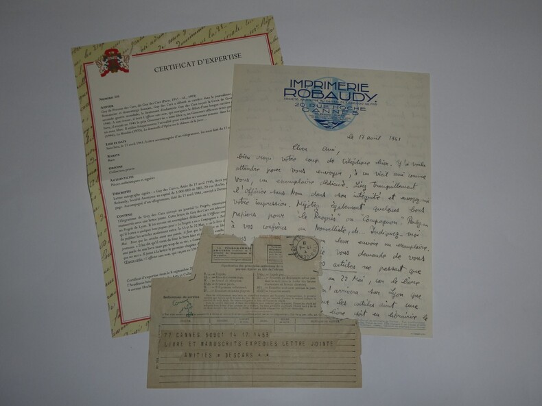 Guy des Cars - LETTRE AUTOGRAPHE SIGN&Eacute;E et UN T&Eacute;L&Eacute;GRAMME - 1941. Guy des Cars