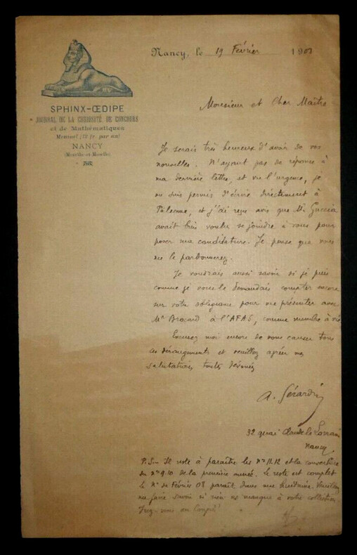 Andr&eacute; G&Eacute;RARDIN, Math&eacute;maticien - LETTRE AUTOGRAPHE SIGN&Eacute;E SUR l'AFAS, 1908. Andr&eacute; G&Eacute;RARDIN