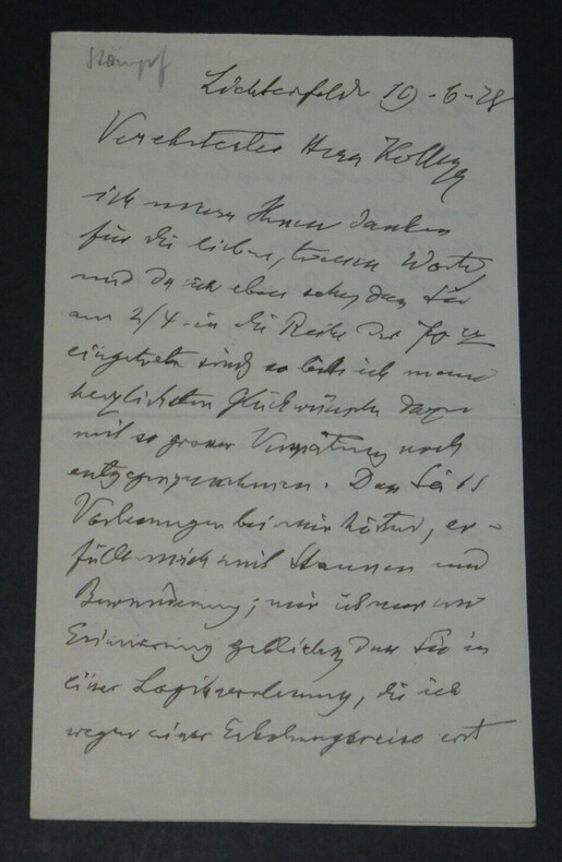 Carl STUMPF - LETTRE AUTOGRAPHE SIGN&Eacute;E DE F&Eacute;LICITATIONS, 1928. Carl STUMPF
