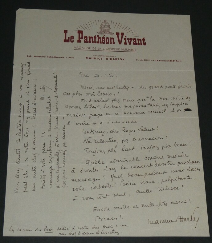 Maurice d'HARTOY Lettre autographe sign&eacute;e d'&eacute;loges &agrave; Roger Valuet 1950 1 page. Maurice d'HARTOY