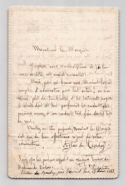 Agla&eacute; de Corday - Lettre autographe sign&eacute;e au Marquis de Valois, 3 pages - 1855. Agla&eacute; de CORDAY